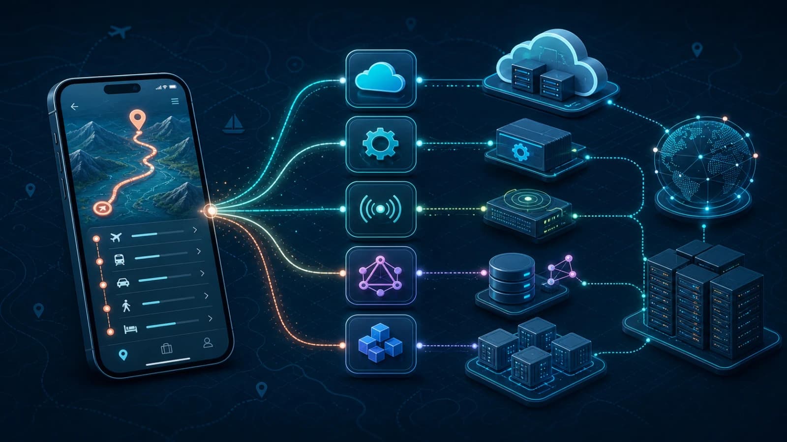 A travel route on a phone connected to cloud, API, database, real-time, GraphQL, and server systems.