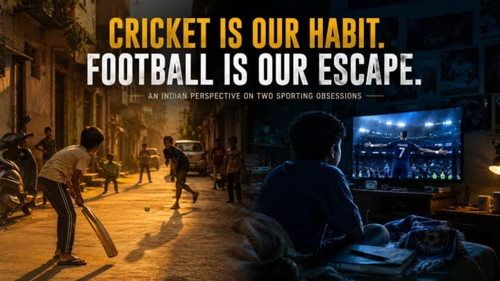 A cricket bat and football placed together in an Indian sports setting.