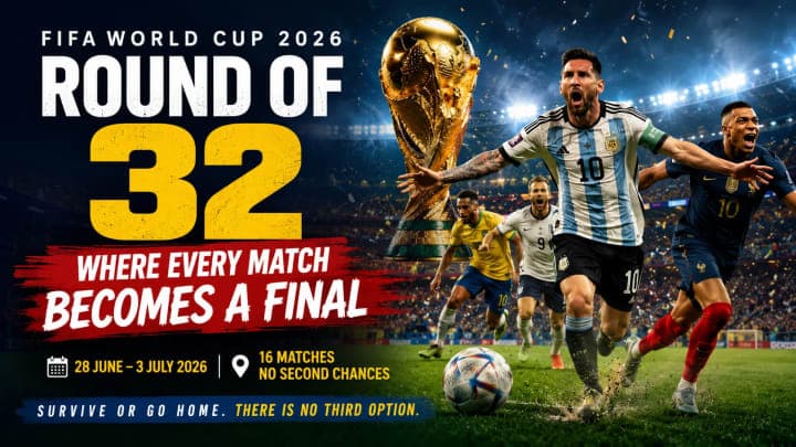 Packed football stadium before a FIFA World Cup 2026 Round of 32 knockout match