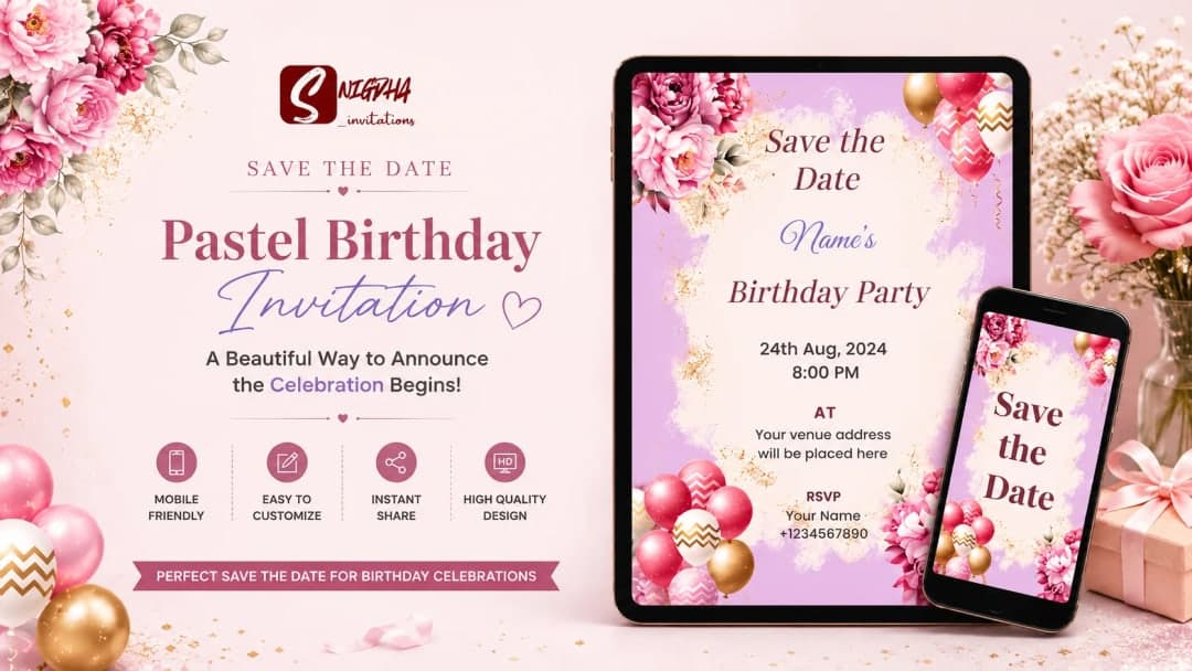 Pastel birthday save-the-date digital invitation with soft celebration styling