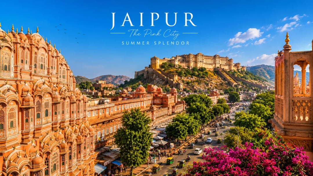 Jaipur during summer with forts, evening markets, warm light and travelers taking a break from the heat