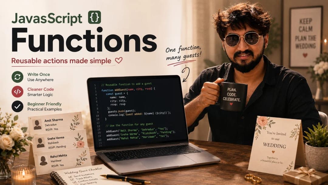Wedding planning helper turning repeated guest tasks into reusable JavaScript functions