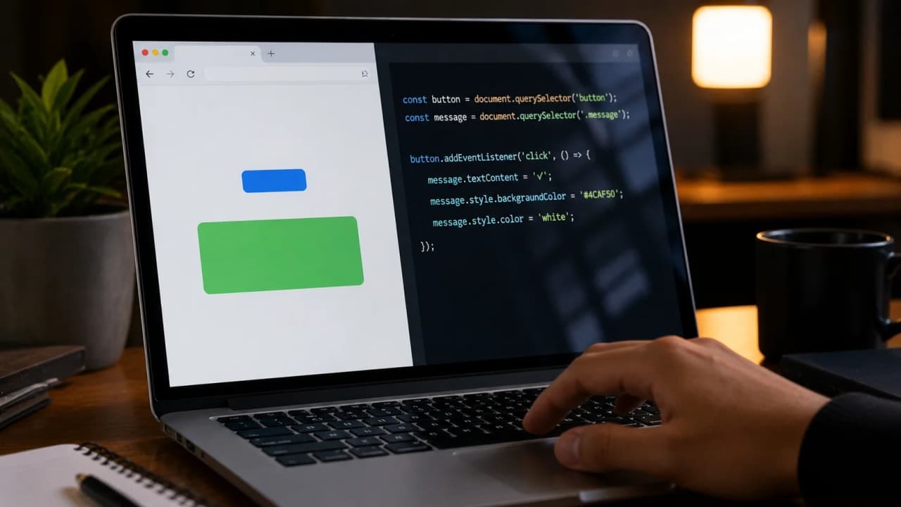JavaScript running inside a browser, changing a button click into a visible UI reaction.