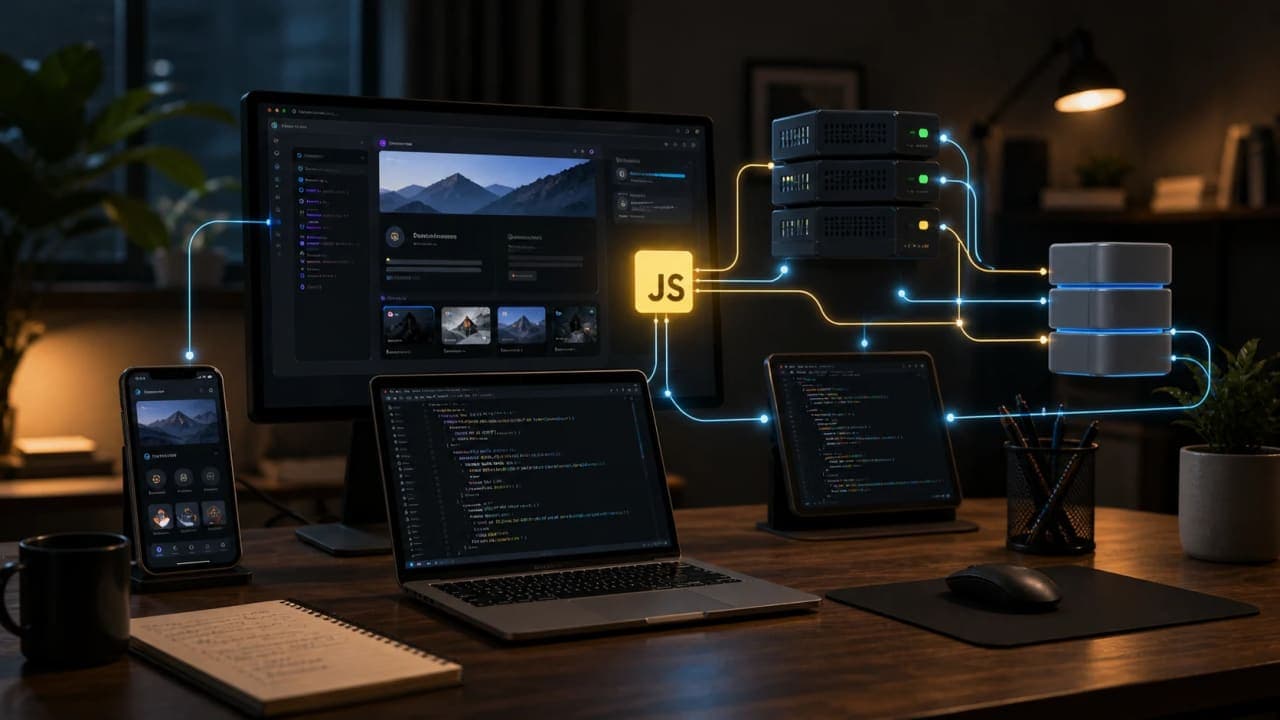 Frontend, backend, database, and mobile connected through one JavaScript ecosystem.