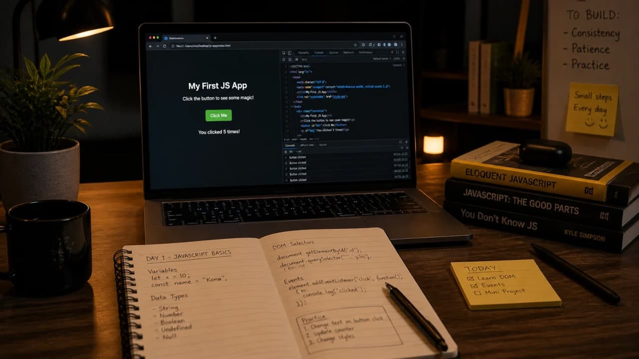 A beginner-friendly day 1 coding desk with notes, coffee, browser devtools, and a small working JavaScript example.