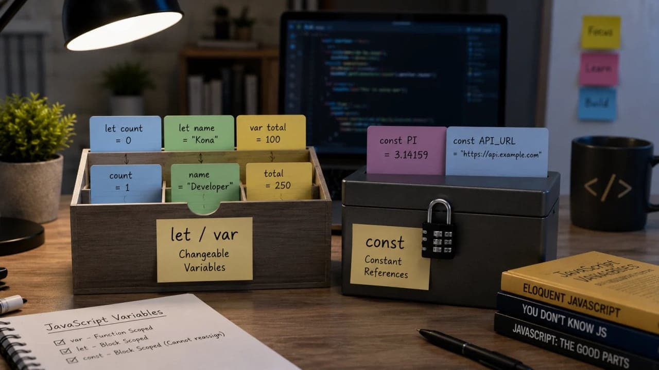 Illustration explaining JavaScript variables as labeled boxes for storing values.