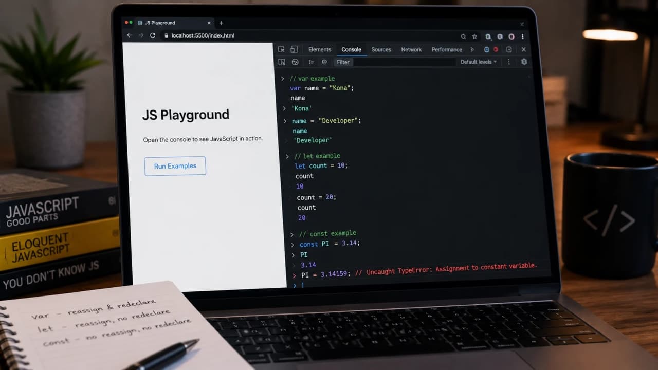 Browser console showing simple var, let, and const examples in JavaScript.