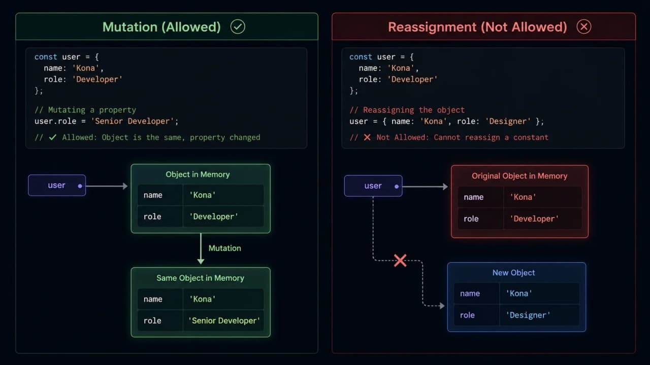 Diagram comparing object mutation and reassignment in JavaScript const variables.