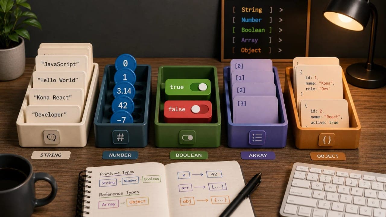 Illustration showing different containers for JavaScript strings, numbers, booleans, arrays, and objects.