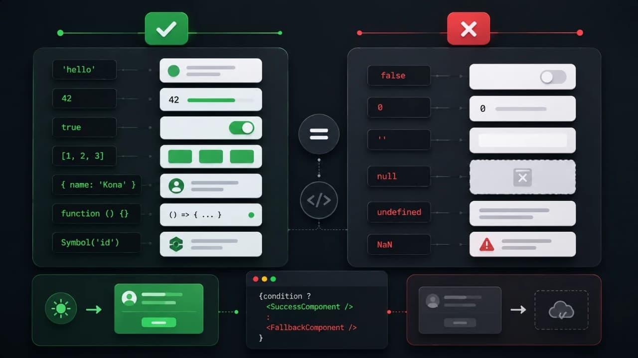 nfographic explaining truthy and falsy JavaScript values for frontend conditional rendering.
