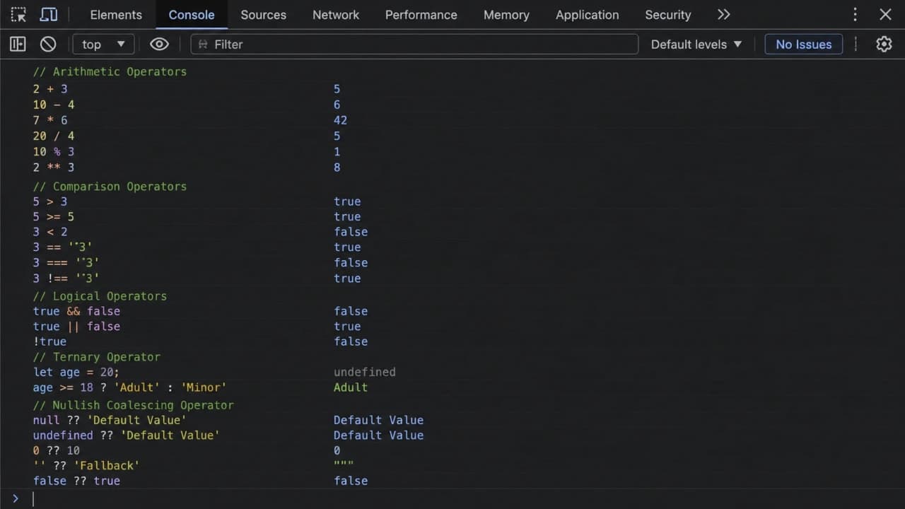 Diagram showing JavaScript operators connecting values to calculations comparisons and UI decisions.