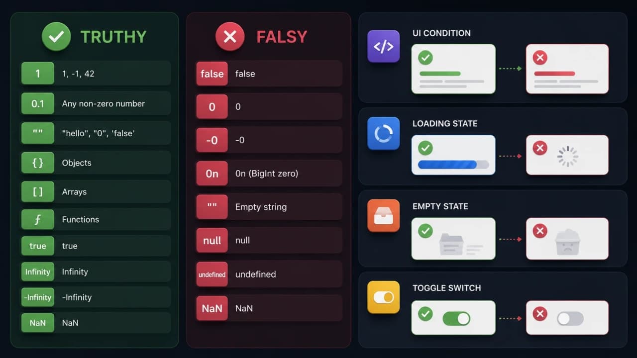 Infographic explaining truthy and falsy values in JavaScript conditions.