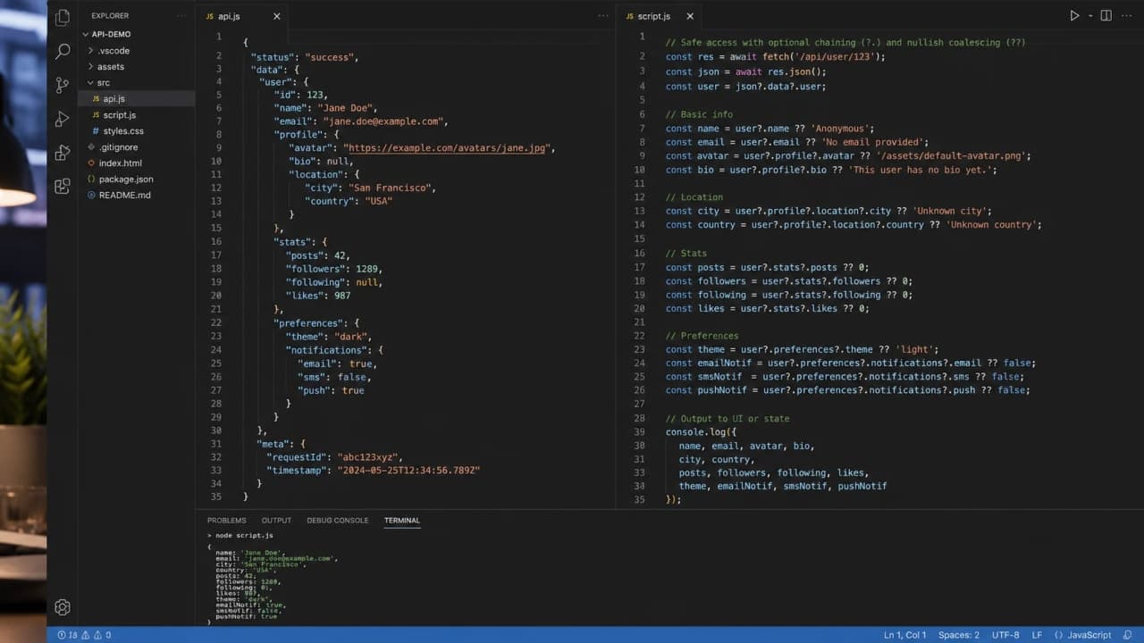 Visual showing optional chaining and nullish coalescing for safe JavaScript API response handling.
