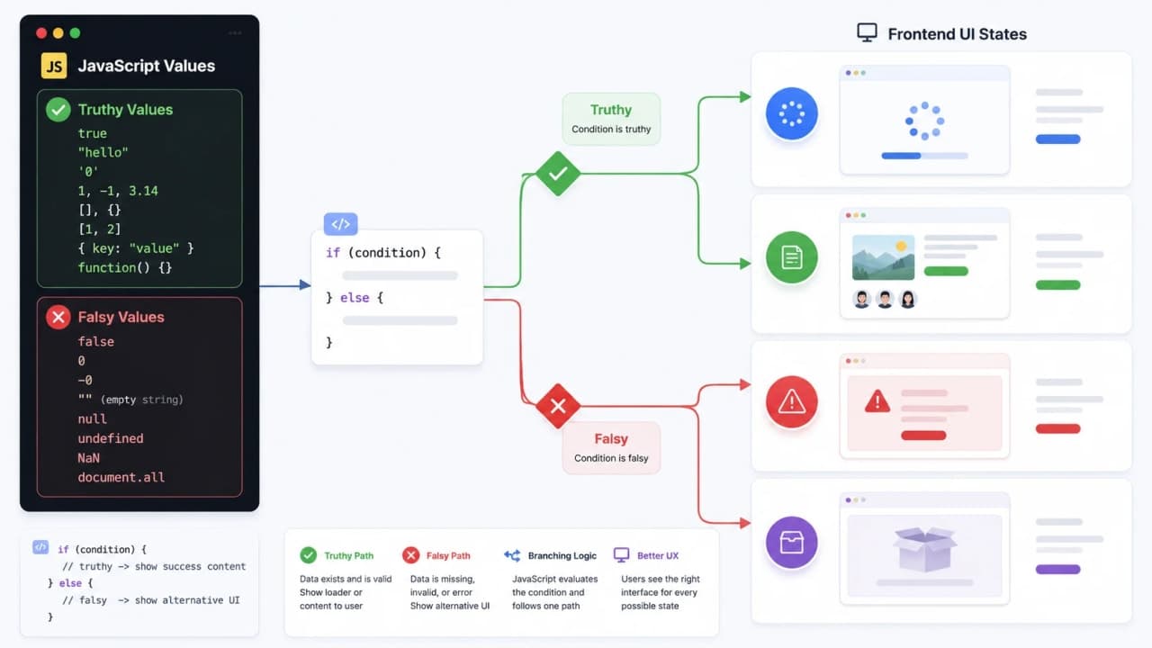 Visual explaining truthy and falsy values inside JavaScript conditions for frontend UI logic.
