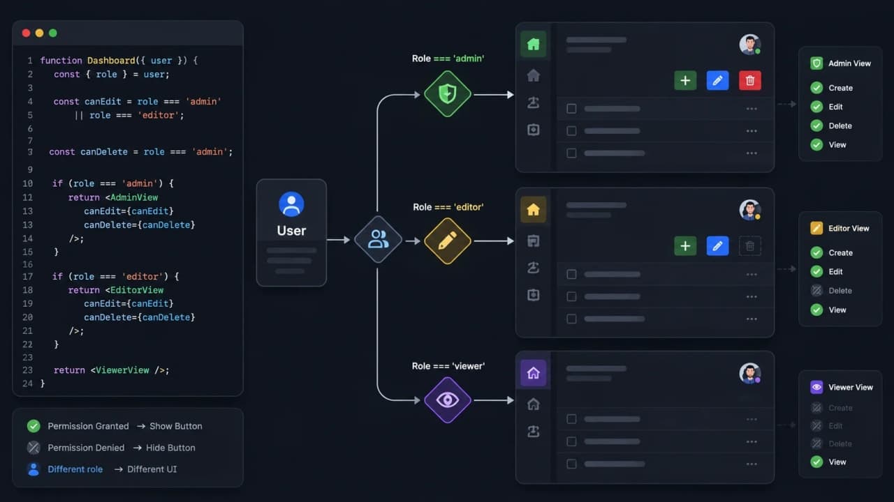 Visual showing JavaScript role based UI conditions for admin editor and viewer permissions.