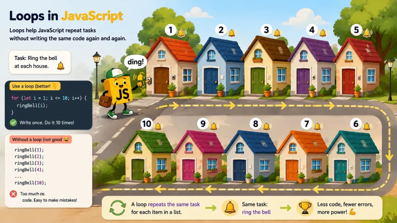Illustration of a repeated task where JavaScript rings bells at houses using a loop