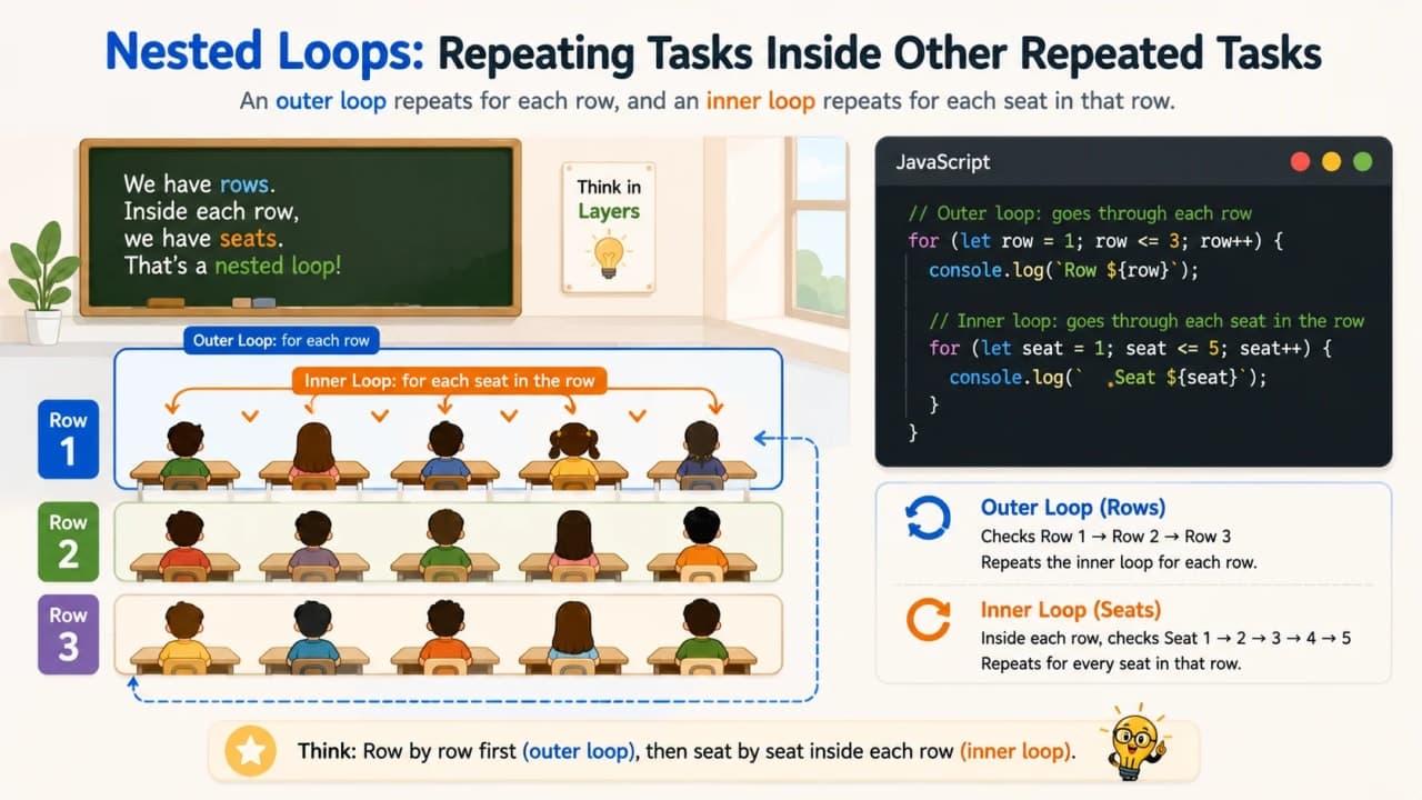 Classroom rows and seats visual explaining nested loops in JavaScript