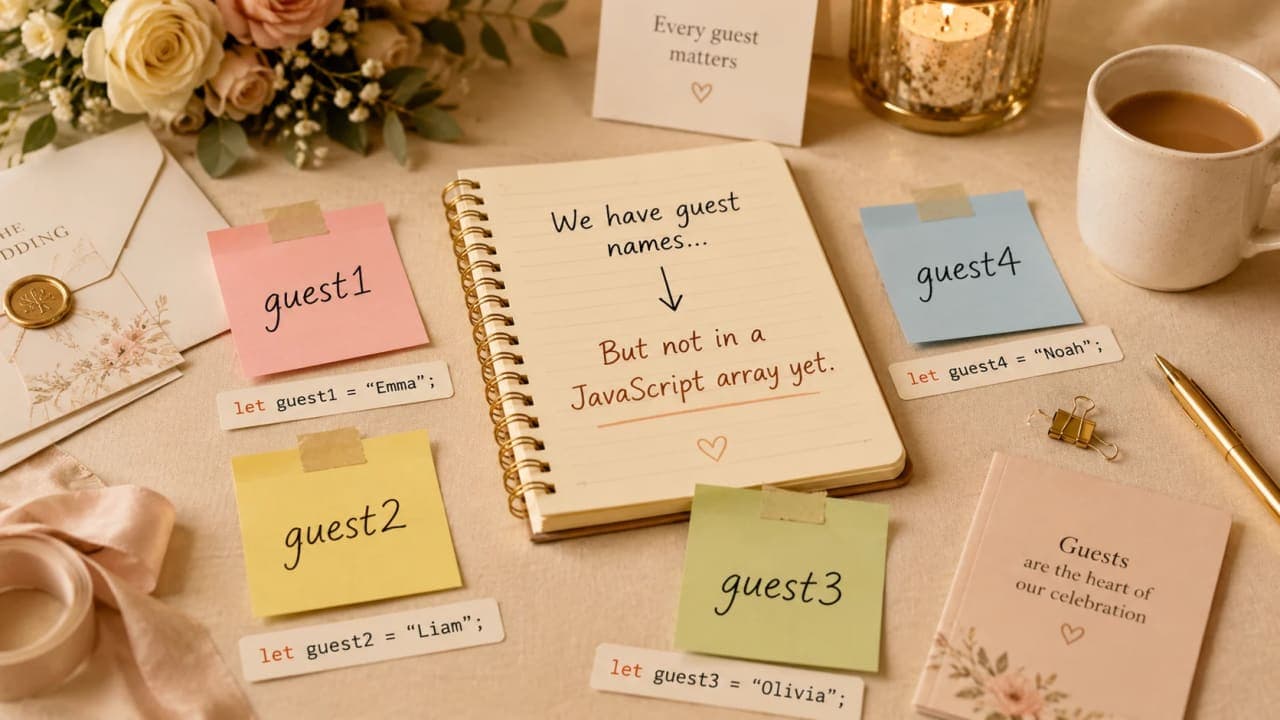 Messy guest name cards labeled guest1 guest2 guest3 showing separate variables