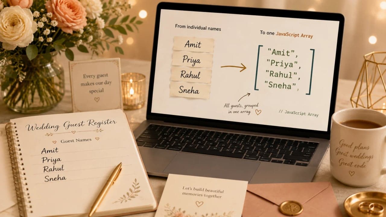 Guest names grouped inside JavaScript array brackets on a clean wedding register