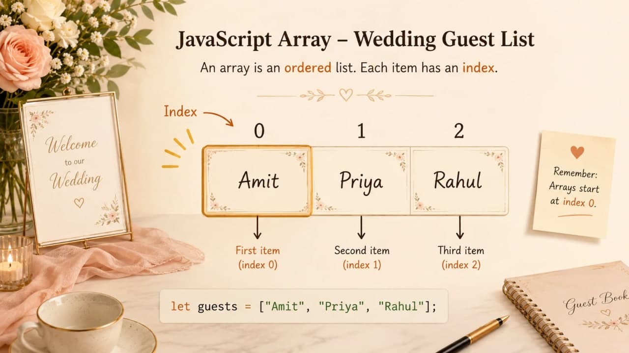 Wedding guest list showing JavaScript array indexes 0 1 2 above guest names