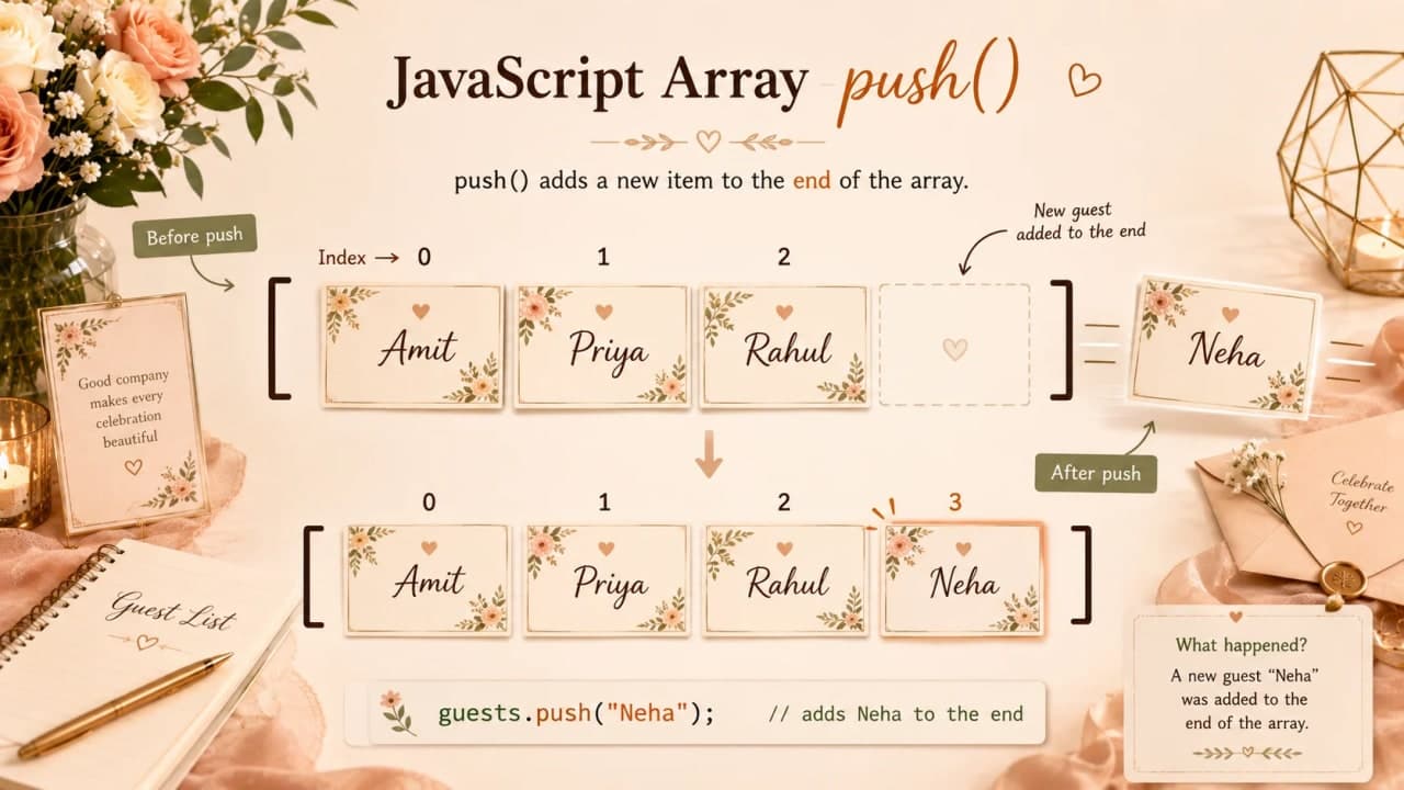 New guest card Neha being added to the end of a JavaScript array