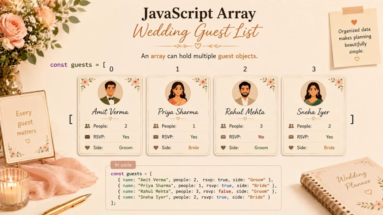 Guest cards with name people and RSVP details stored as objects inside an array