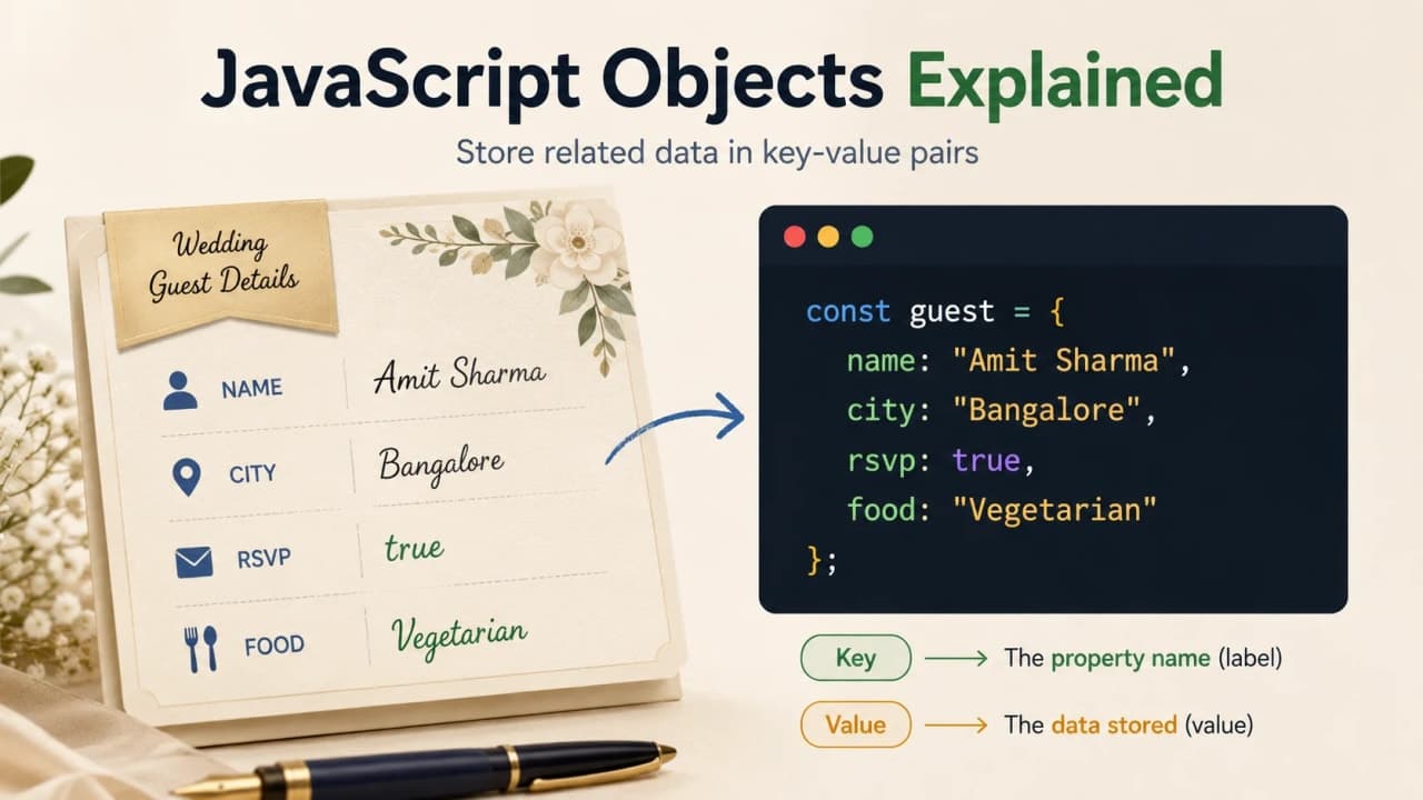 Wedding guest detail card beside JavaScript object syntax showing related details in one place