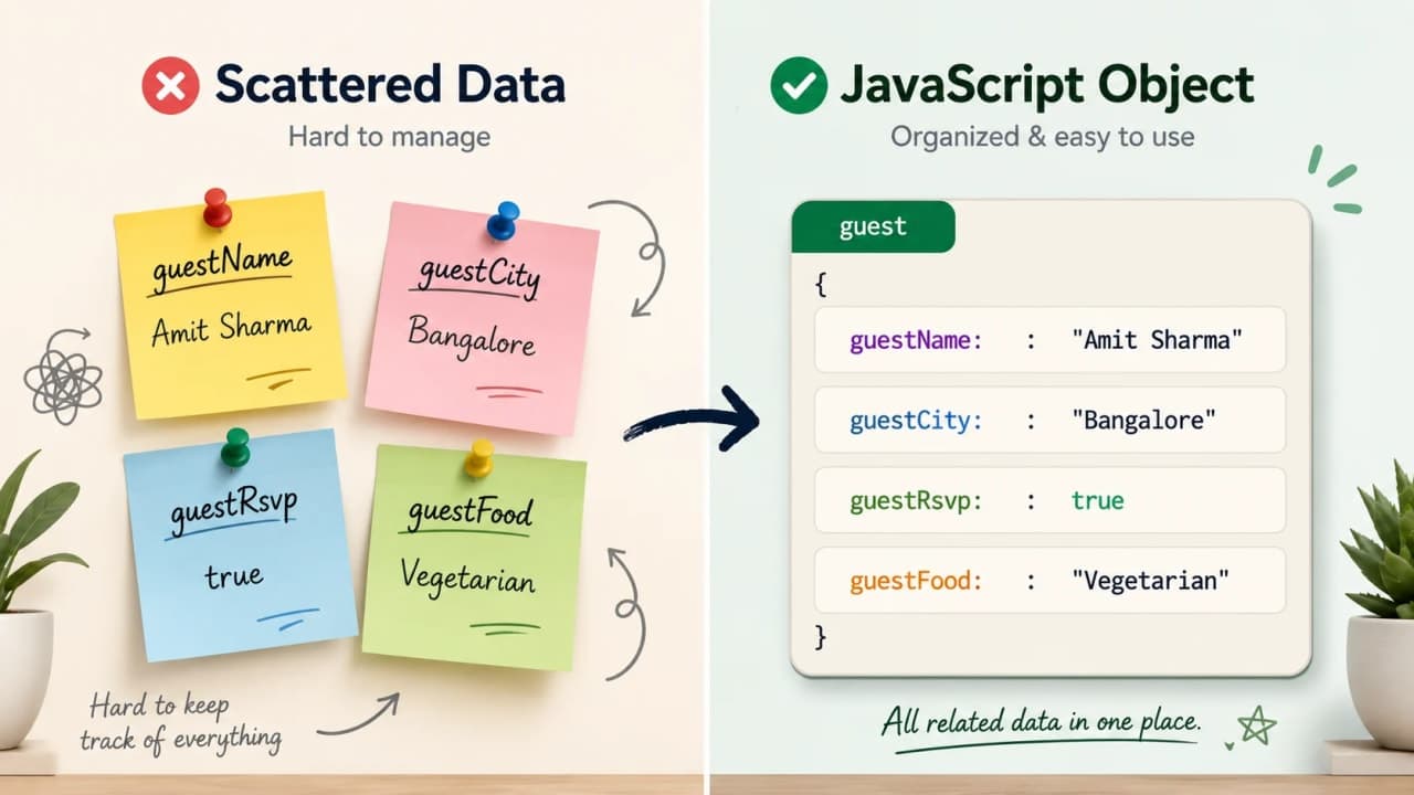 Comparison of separate JavaScript variables scattered around versus one organized object card