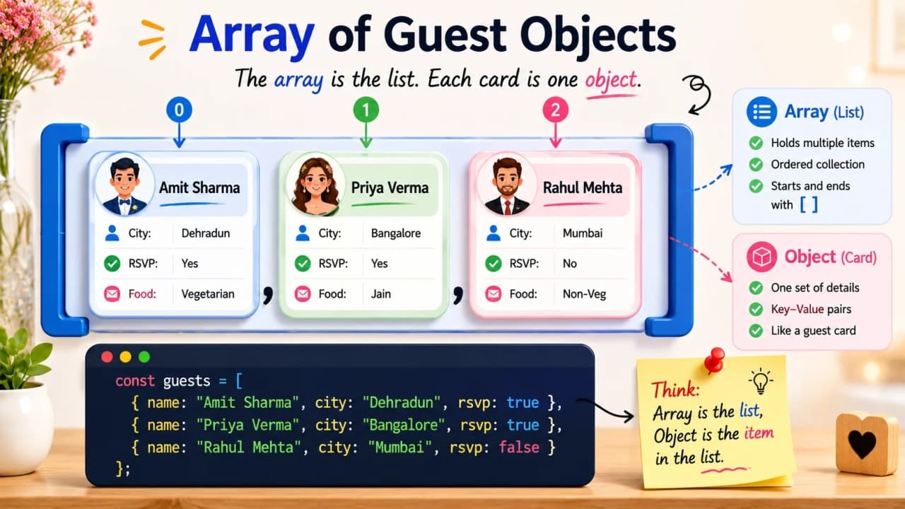 Array of JavaScript guest objects displayed as multiple wedding guest detail cards in a list
