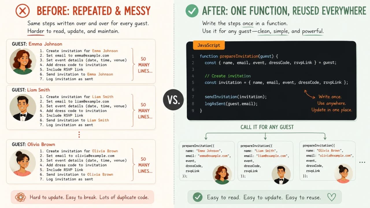 Repeated JavaScript console log lines compared with one reusable function