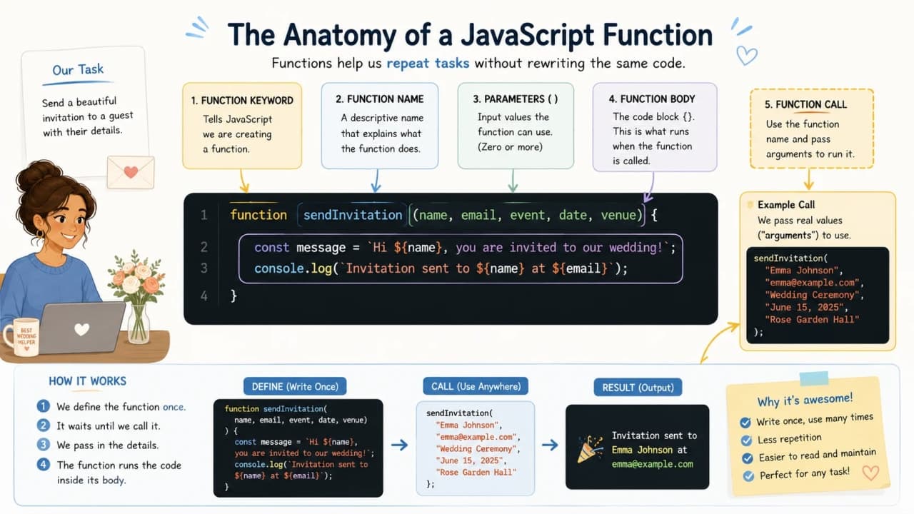 Diagram showing JavaScript function keyword name body and function call