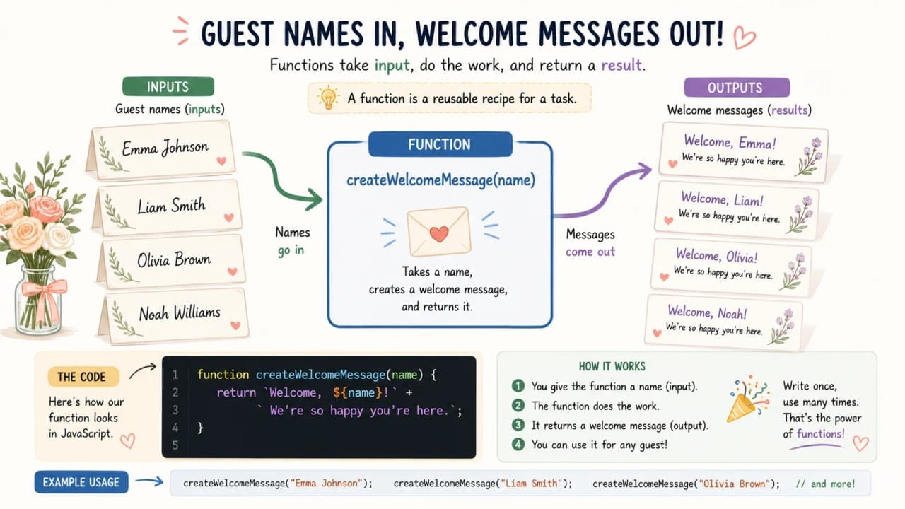 JavaScript function parameters shown as guest names passed into a wedding helper task