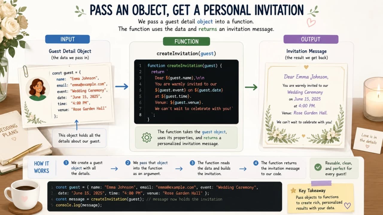 JavaScript function receiving a guest object and creating an invitation message