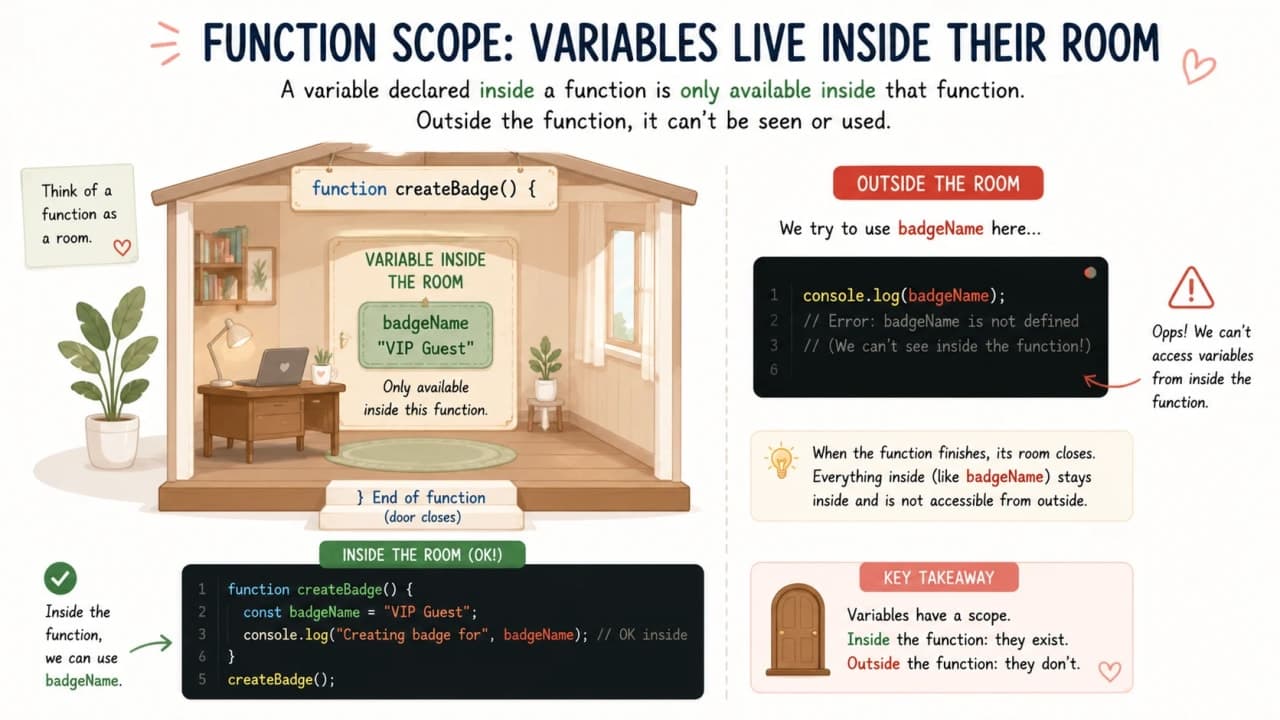 JavaScript function scope explained as a small room boundary around a variable