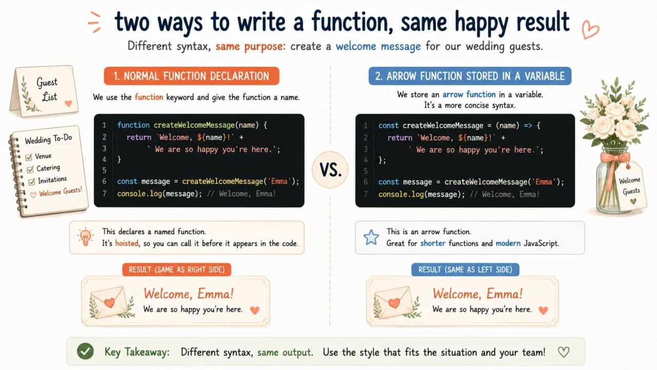 Normal JavaScript function compared with arrow function syntax for the same guest greeting task
