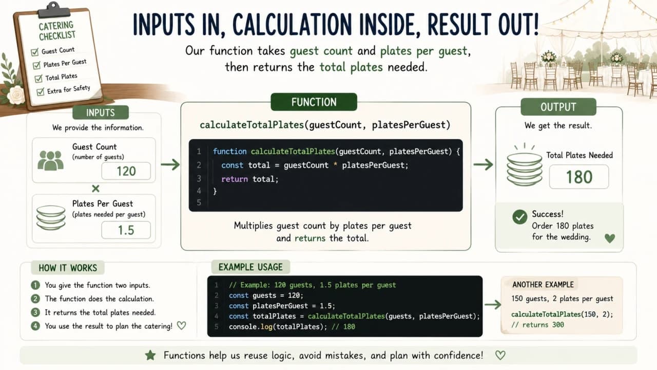 JavaScript function return value shown as calculated wedding plate count output