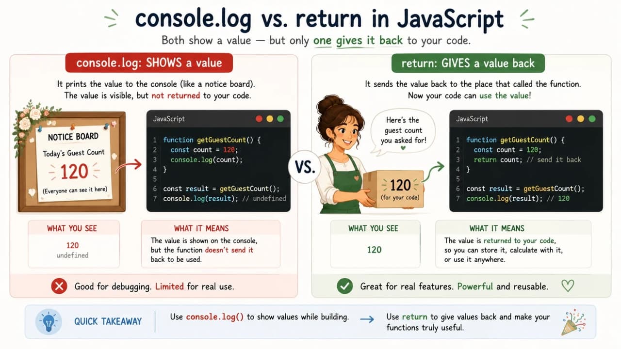 Comparison of console log as a notice board and return as an answer handed back