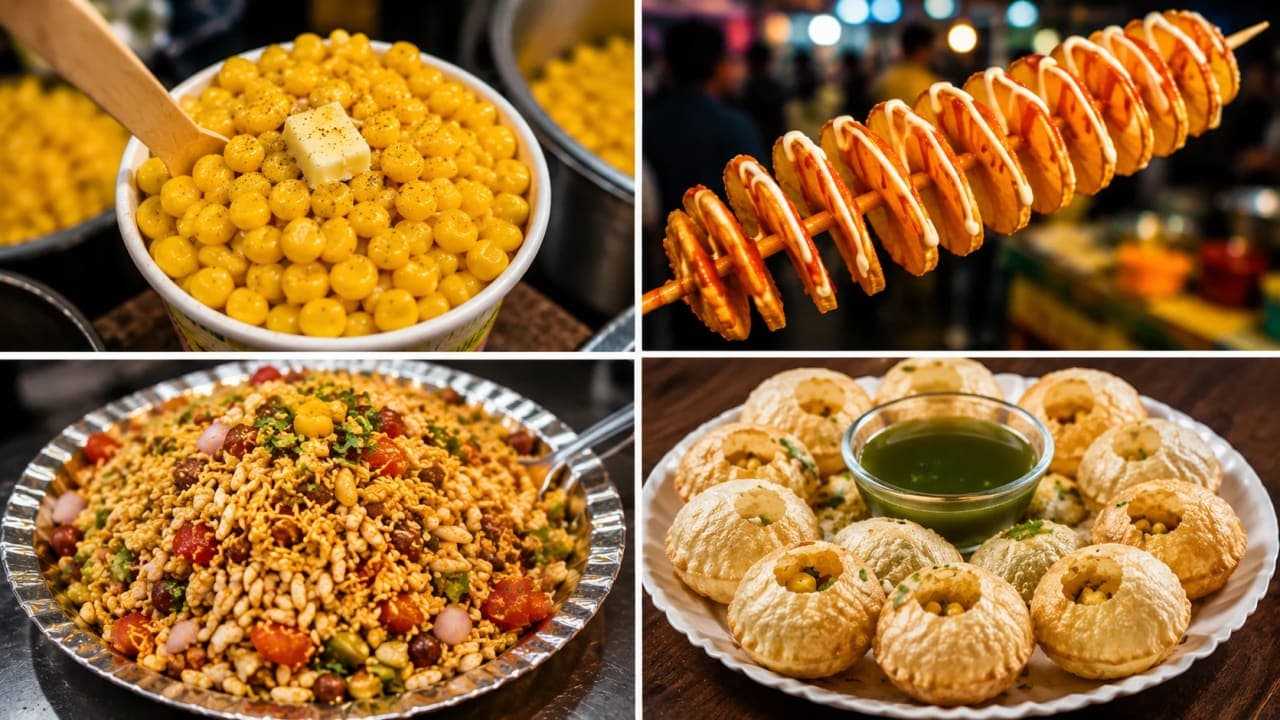 A four-panel collage featuring popular fair snacks including sweet corn, spring potato, bhelpuri, and pani puri enjoyed during an evening visit to Disneyland Patna.