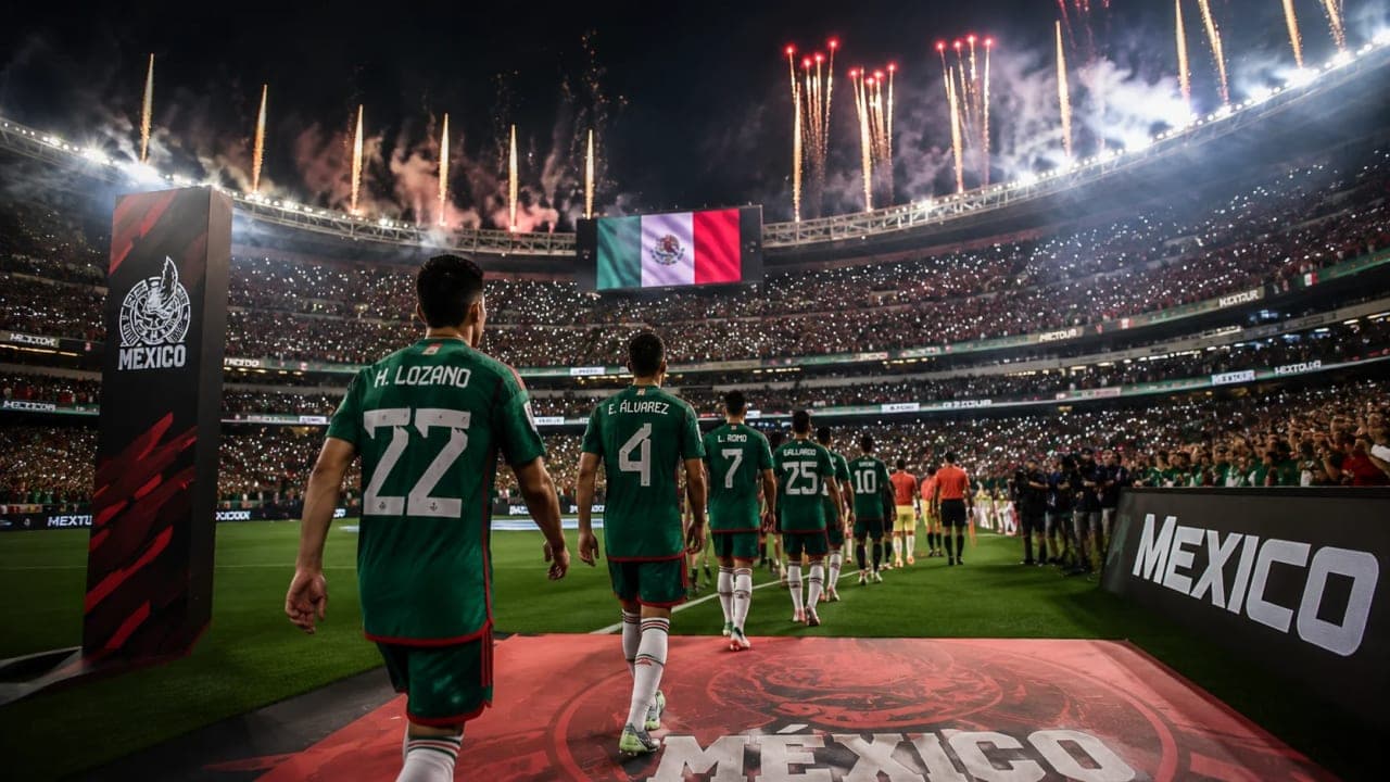 Mexico players walking into a loud stadium atmosphere on World Cup opening night
