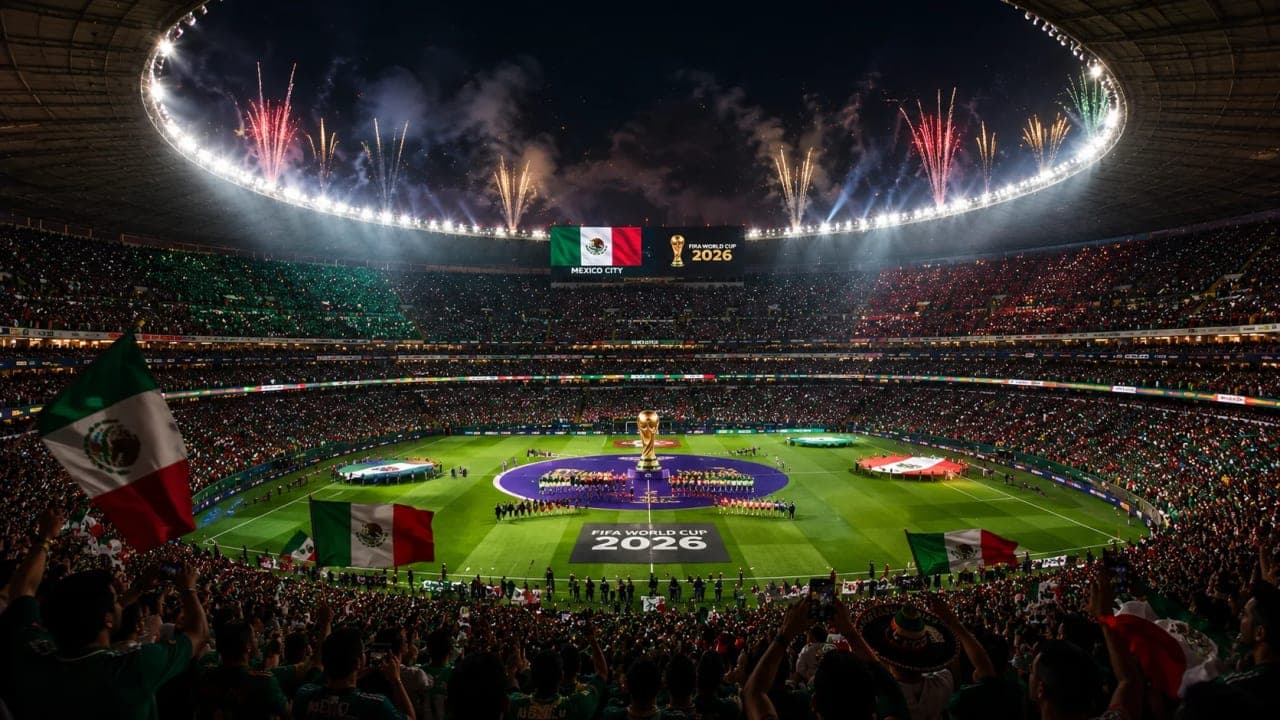 Mexico City Stadium illuminated at night before a major football match