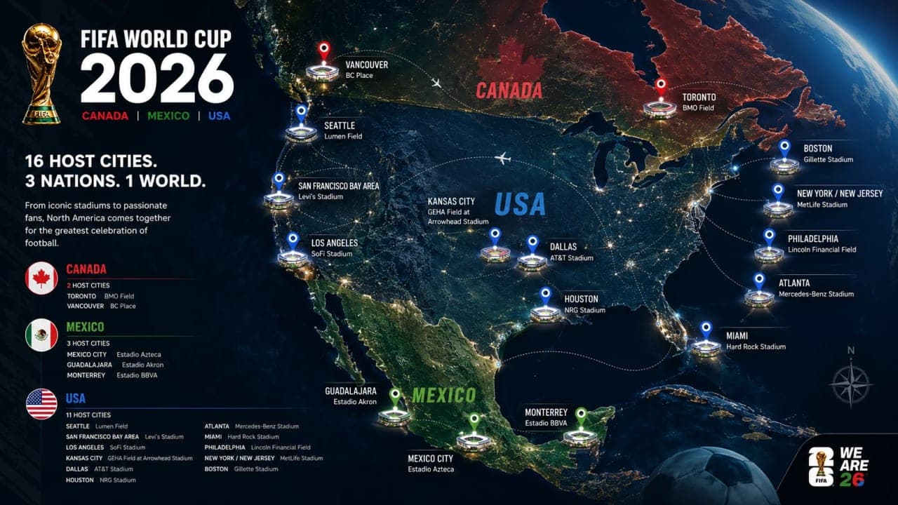 Map-style visual showing World Cup host cities across Canada, Mexico and the United States