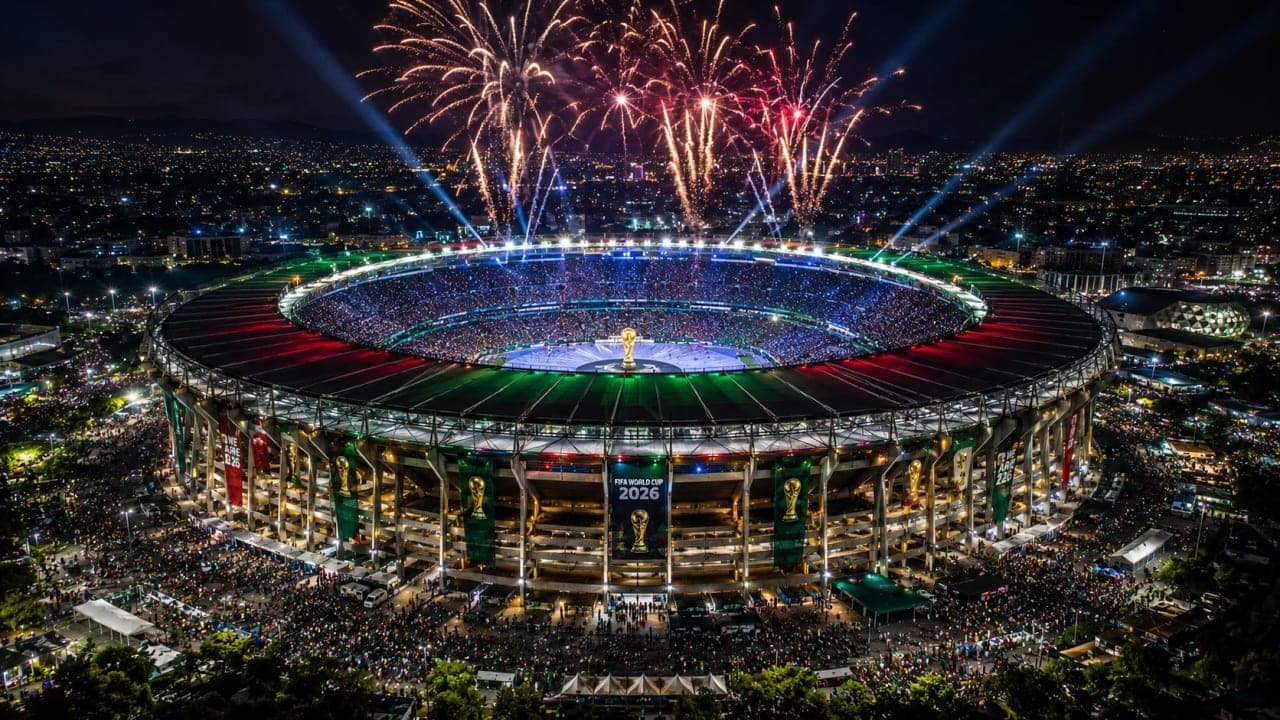 A major stadium illuminated at night ahead of a World Cup final