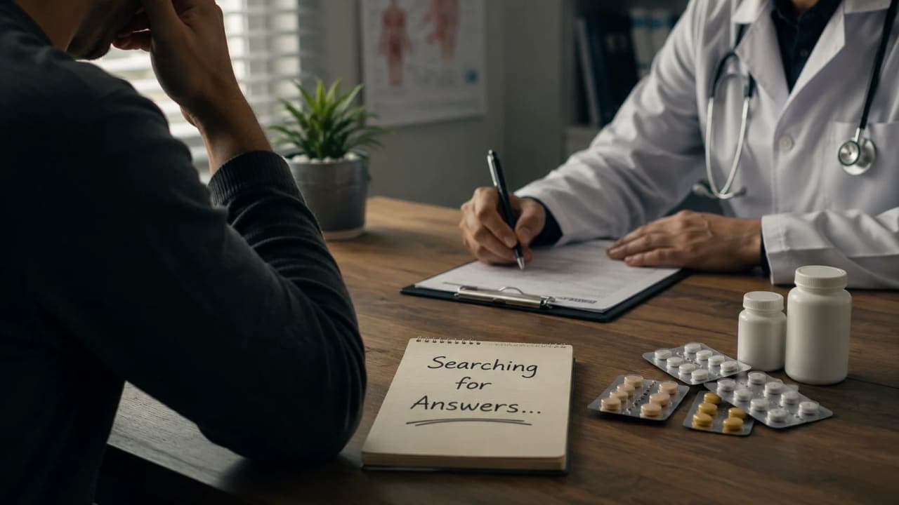 A patient consulting a doctor about a hearing problem, symbolizing the medical journey and search for treatment after returning from a trip to Jibhi.