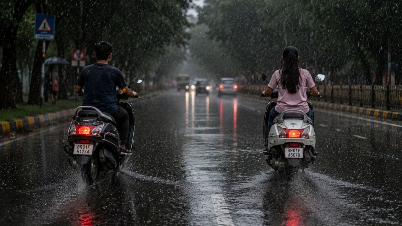 A boy and a girl riding separate scooters on a rain-soaked road during heavy rainfall, with water splashing beneath the wheels and reflections visible on the wet surface.