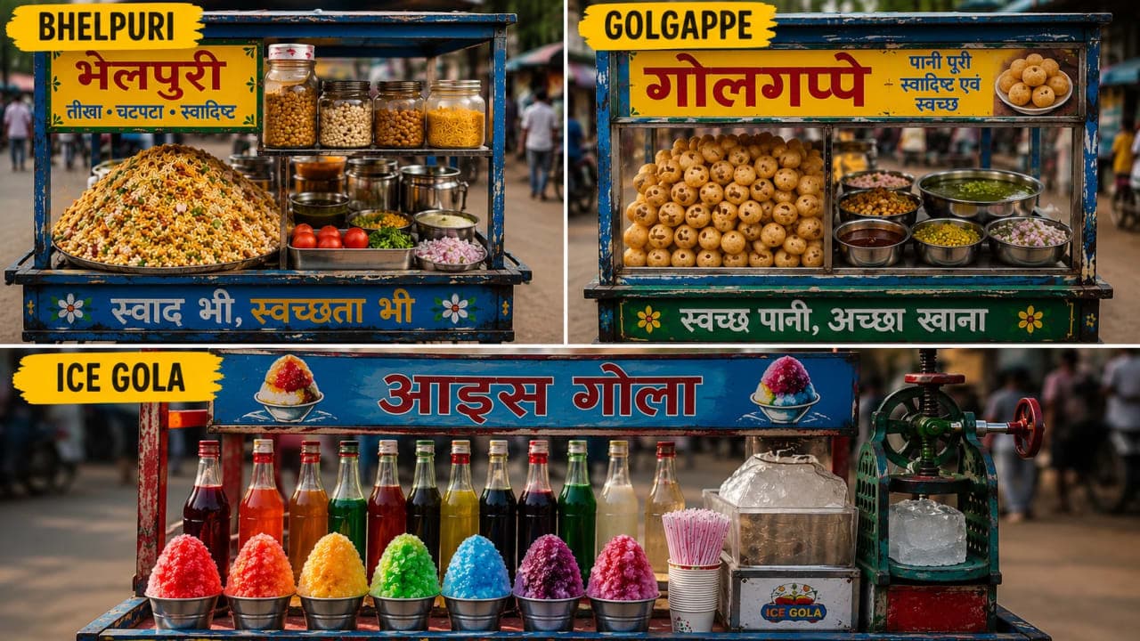 A collage of traditional Indian street food carts serving bhelpuri, golgappe, and colorful ice gola, commonly found near popular public attractions and evening hangout spots.