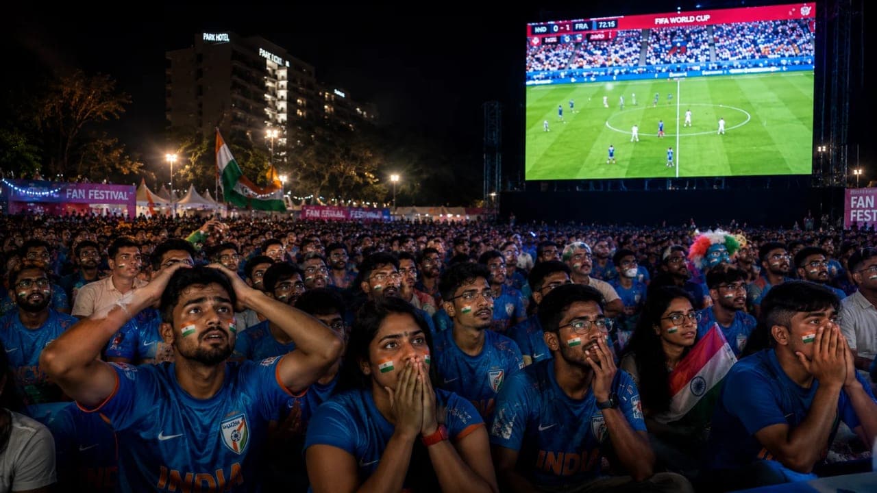 Indian football fans watching FIFA World Cup matches on a giant screen.