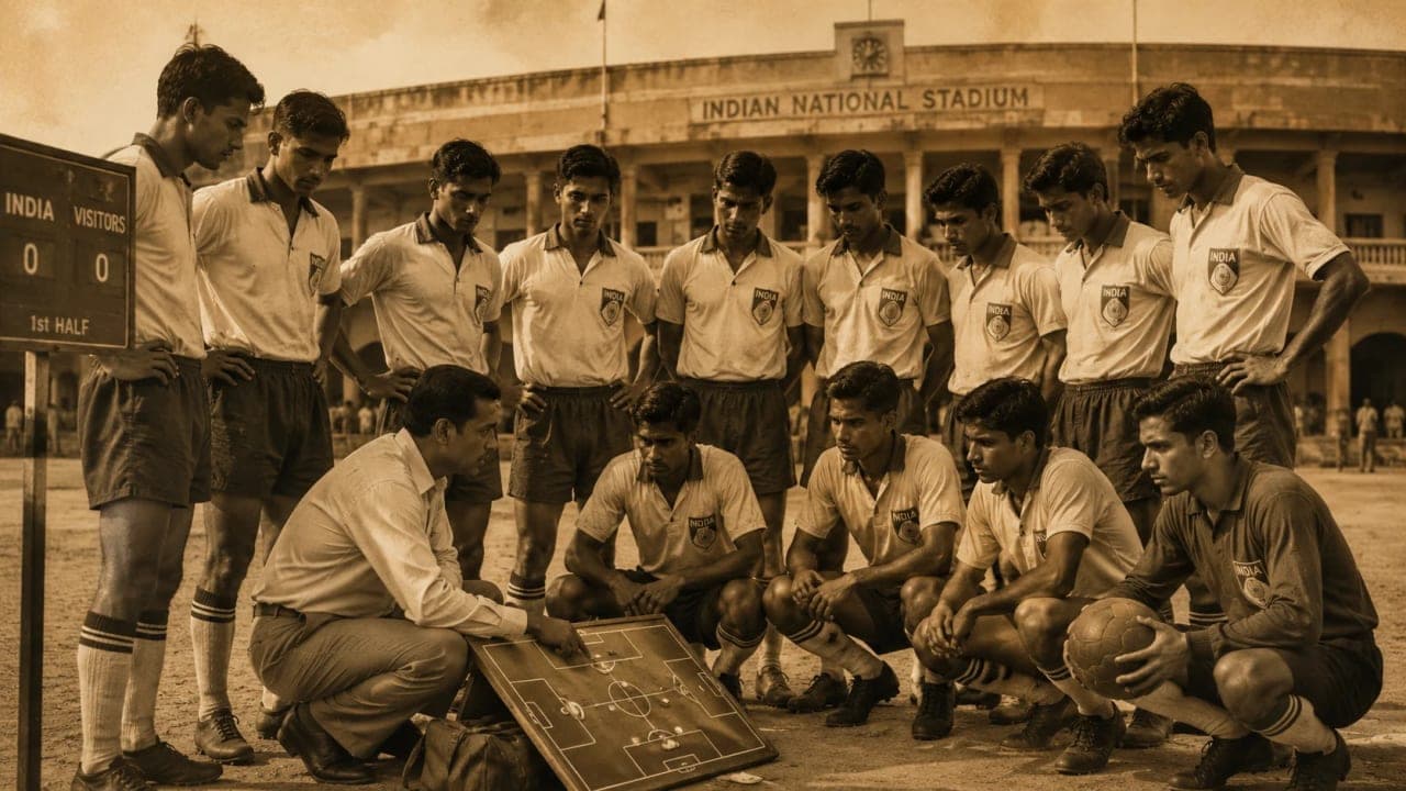 Vintage style Indian footballers preparing near an old stadium.