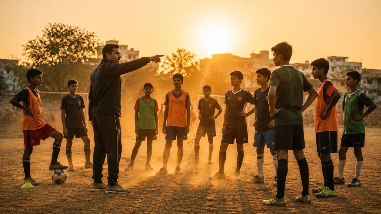 Young Indian footballers training on a local ground at sunset.