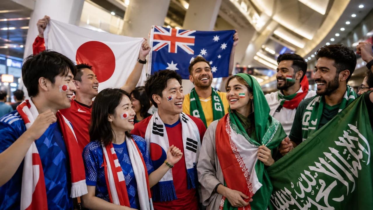 Asian football fans in a stadium concourse representing multiple World Cup nations.