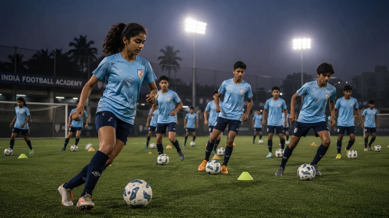 Indian youth footballers training at an academy under floodlights.